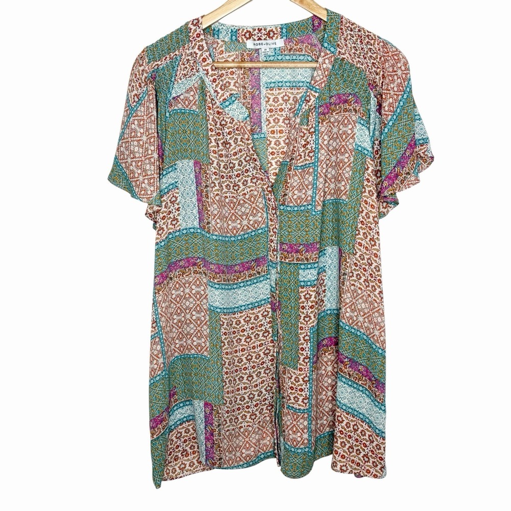 Rose And Olive Boho Patchwork Print Blouse Top Women 2X Chiffon Short Sleeve